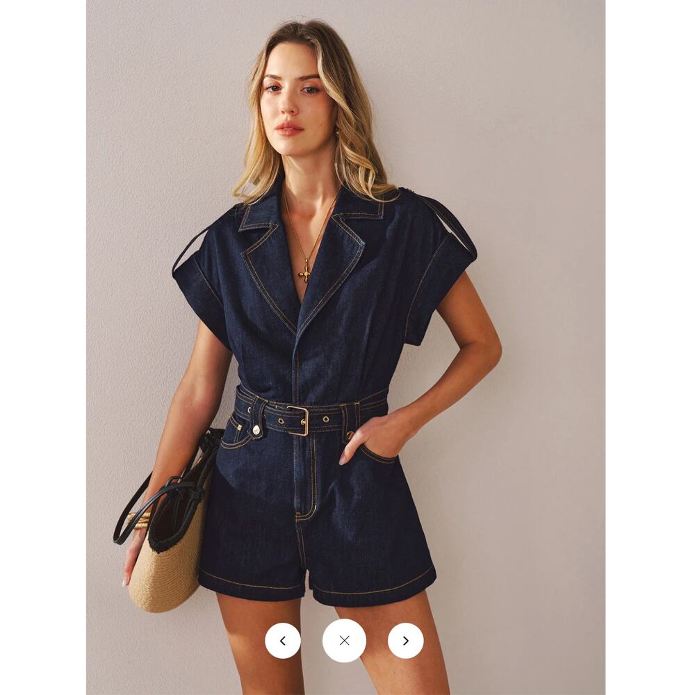 NWT Commense Denim Belted Collar Romper Sz XS